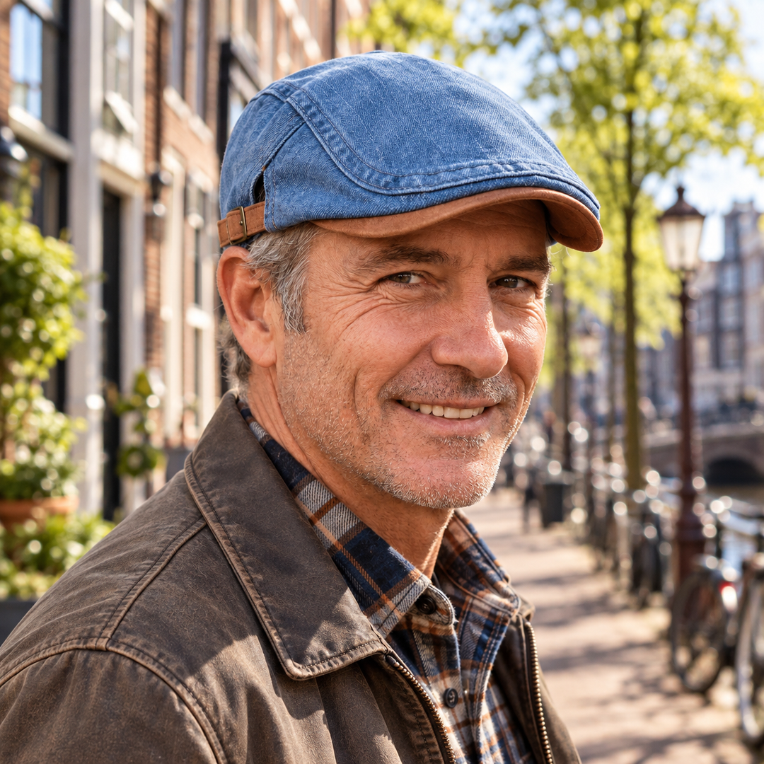 Herrkeps i bagarpojksmodell | Retro-newsboykeps i denim