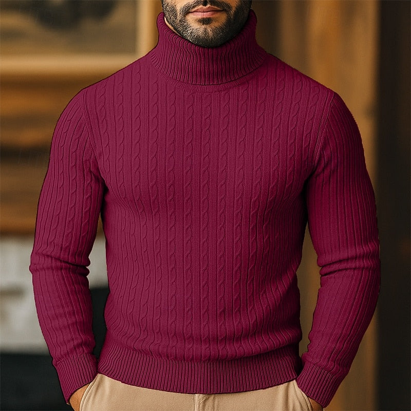 Polotröja herr med kabelmönster - Finstickad pullover