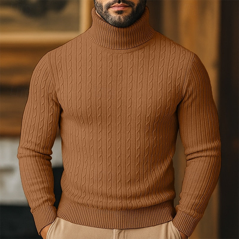 Polotröja herr med kabelmönster - Finstickad pullover