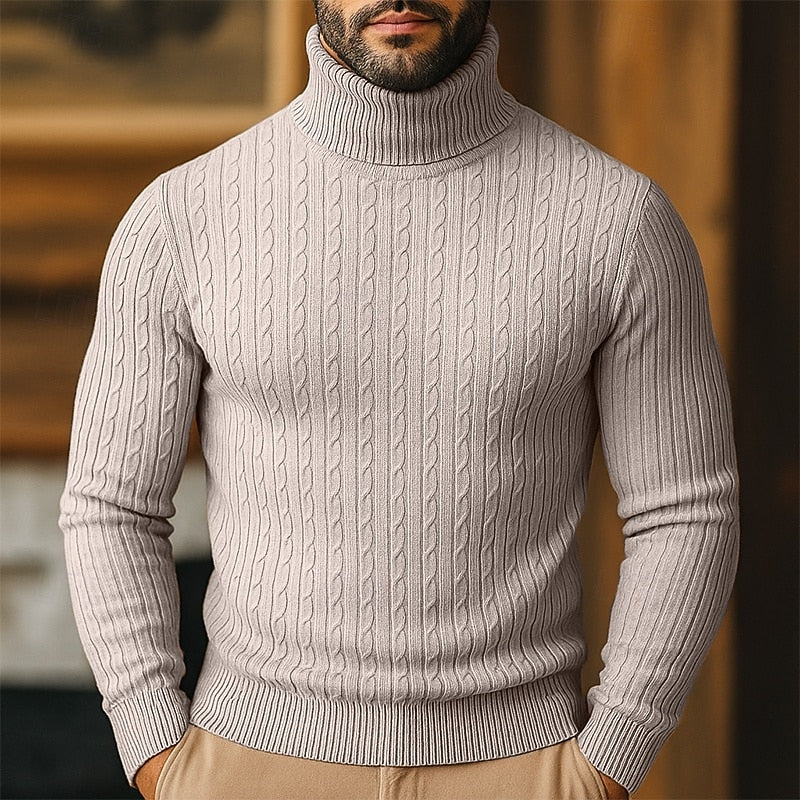 Polotröja herr med kabelmönster - Finstickad pullover