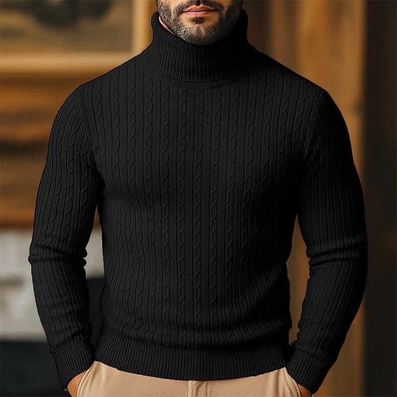 Polotröja herr med kabelmönster - Finstickad pullover