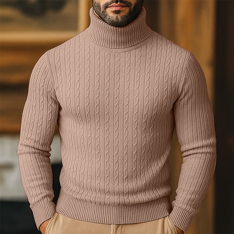 Polotröja herr med kabelmönster - Finstickad pullover