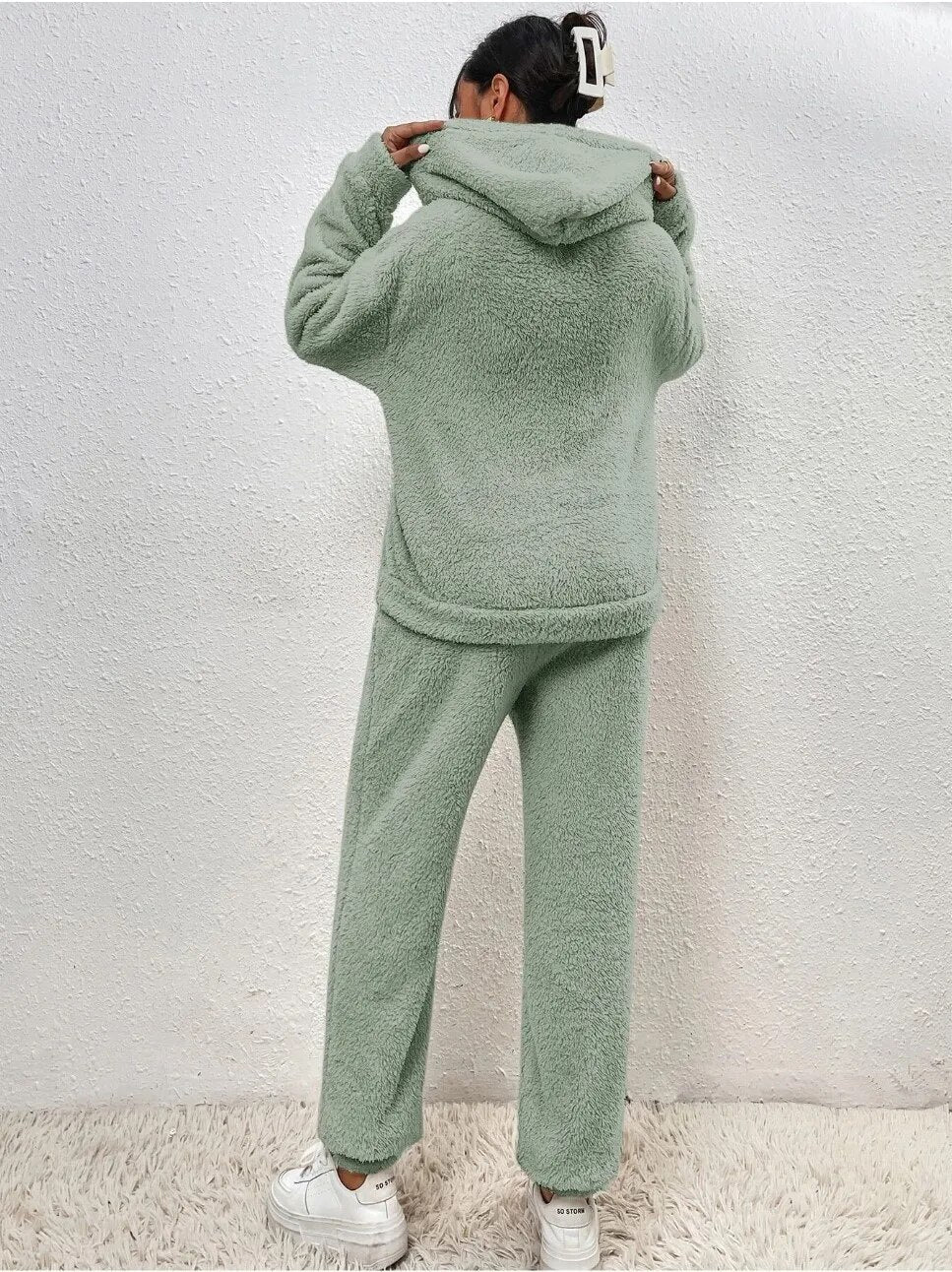 Teddyfleece mjukisset dam med huva – 2-delat loungewearset för vinter och höst