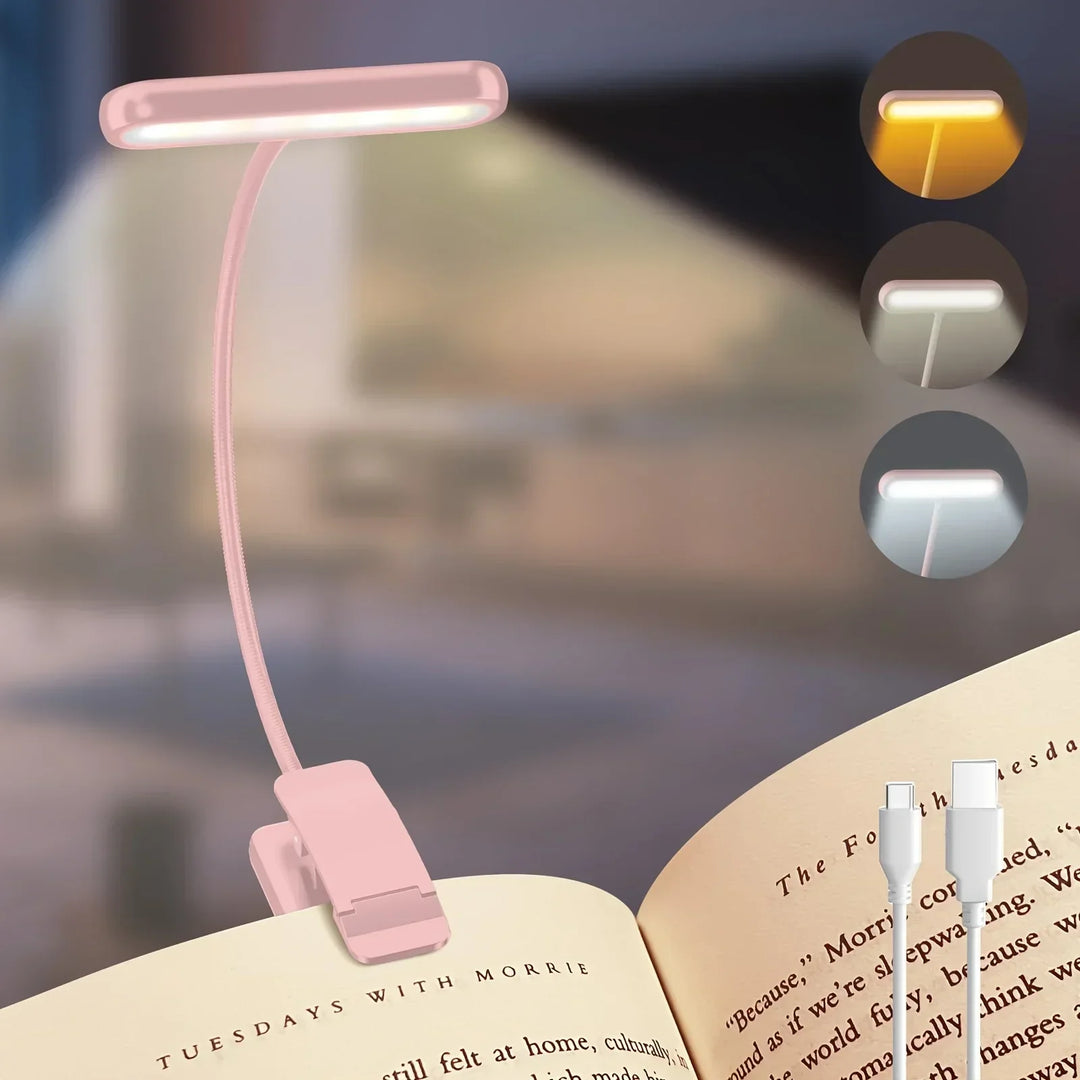 FlexiRead läslampa | USB-uppladdningsbar | 3 ljusfärger och dimbar | clips och flexibel arm