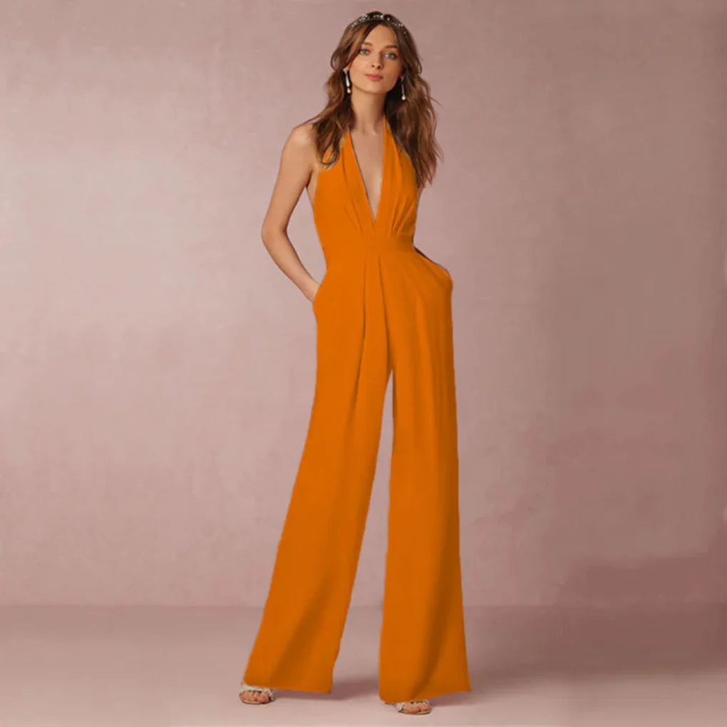 Djup V-ringad rygglös jumpsuit