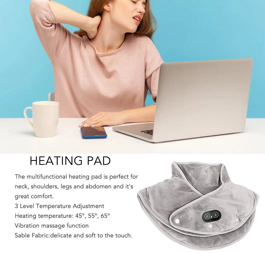 Värmemassageapparat för nacke och axlar ThermoLiva | USB-värmekudde med vibration | 3 temperaturnivåer och timer | Mjuk plysch
