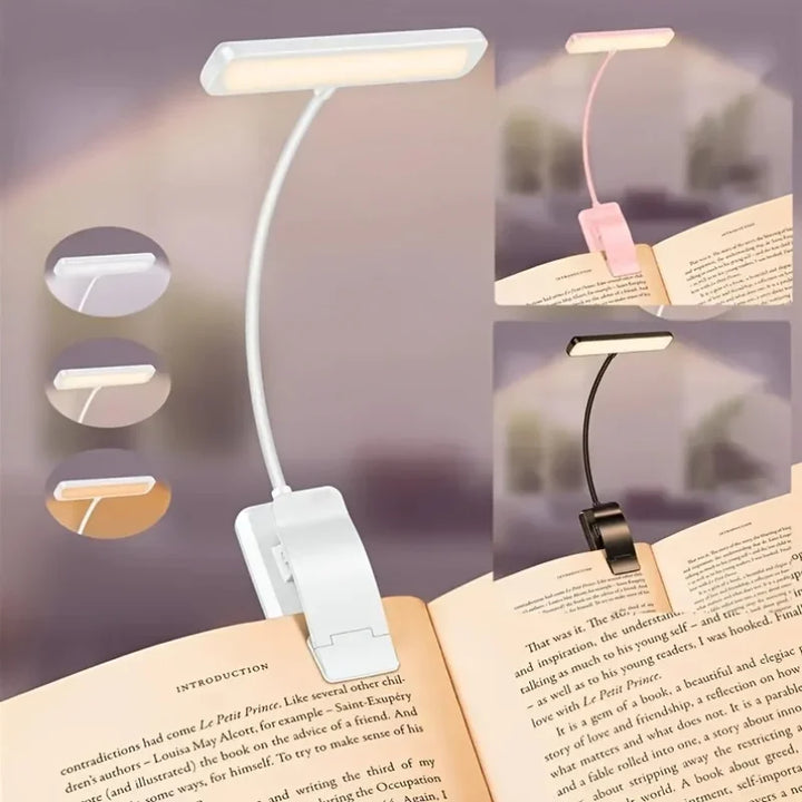 FlexiRead läslampa | USB-uppladdningsbar | 3 ljusfärger och dimbar | clips och flexibel arm