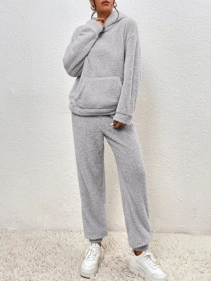 Teddyfleece mjukisset dam med huva – 2-delat loungewearset för vinter och höst