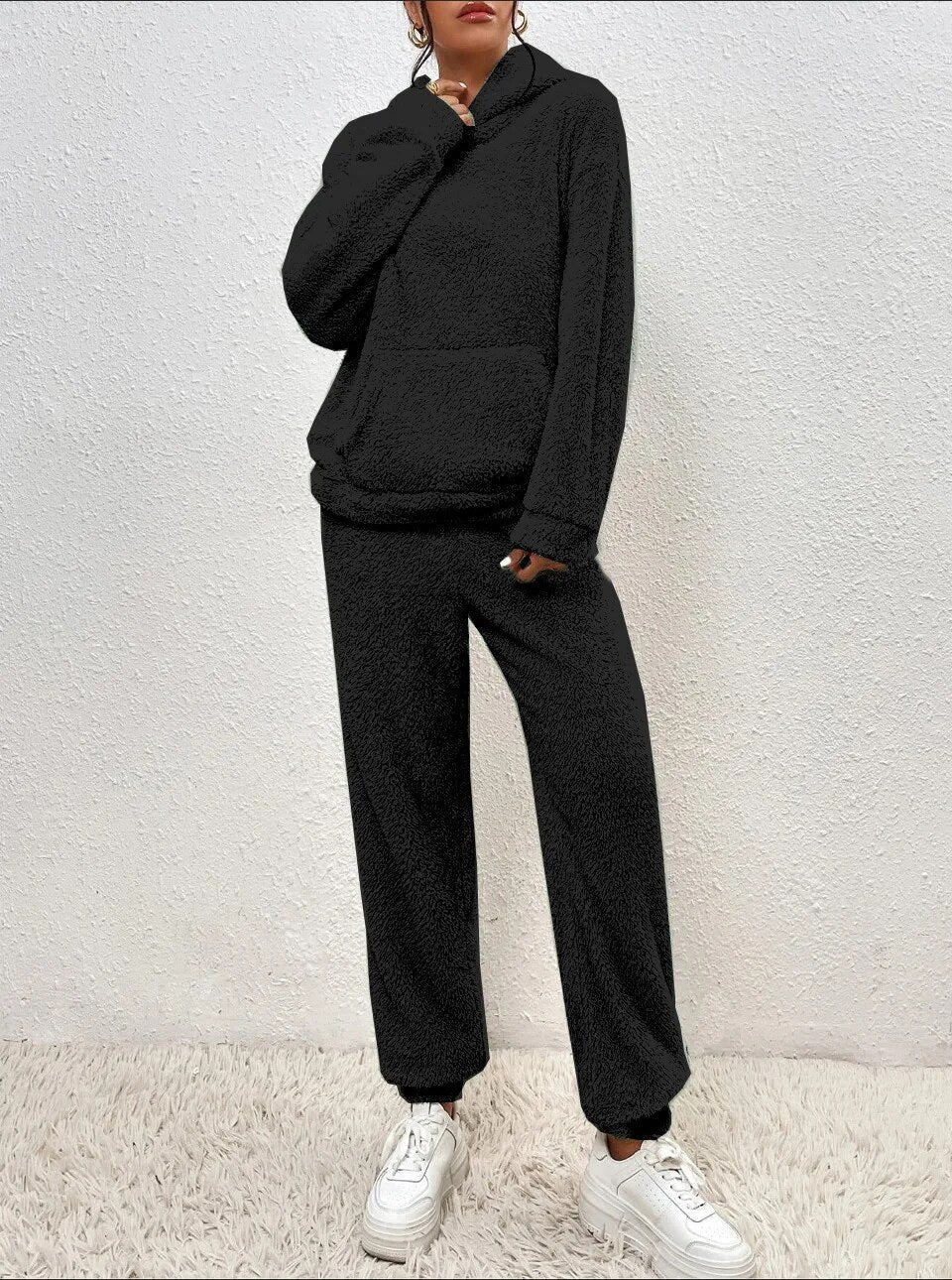 Teddyfleece mjukisset dam med huva – 2-delat loungewearset för vinter och höst