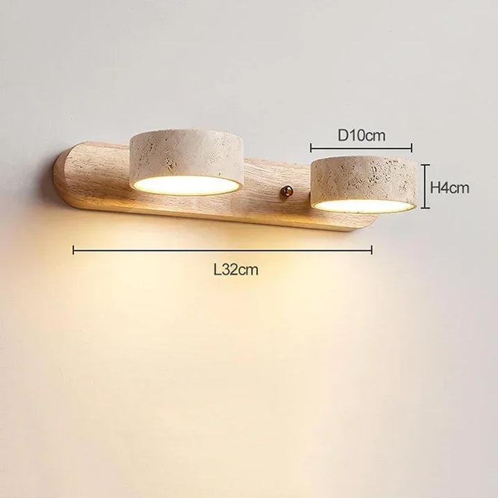 Modern LED-vägglampa med roterbara skärmar i sten och träbas