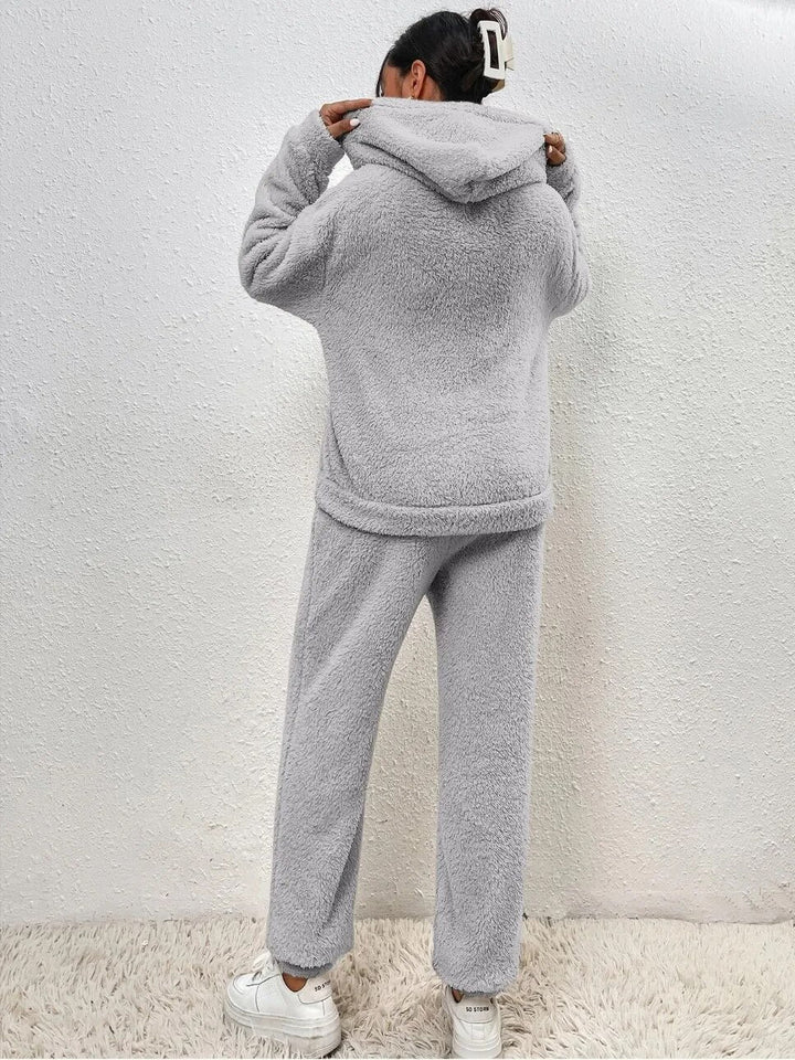 Teddyfleece mjukisset dam med huva – 2-delat loungewearset för vinter och höst