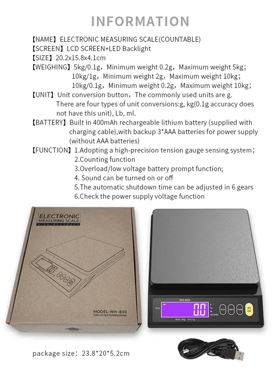 Elektronisk digital köksvåg 5 kg/0,1 g och 10 kg/1 g, LCD-skärm, helt vattentätt verktyg i rostfritt stål för matlagning