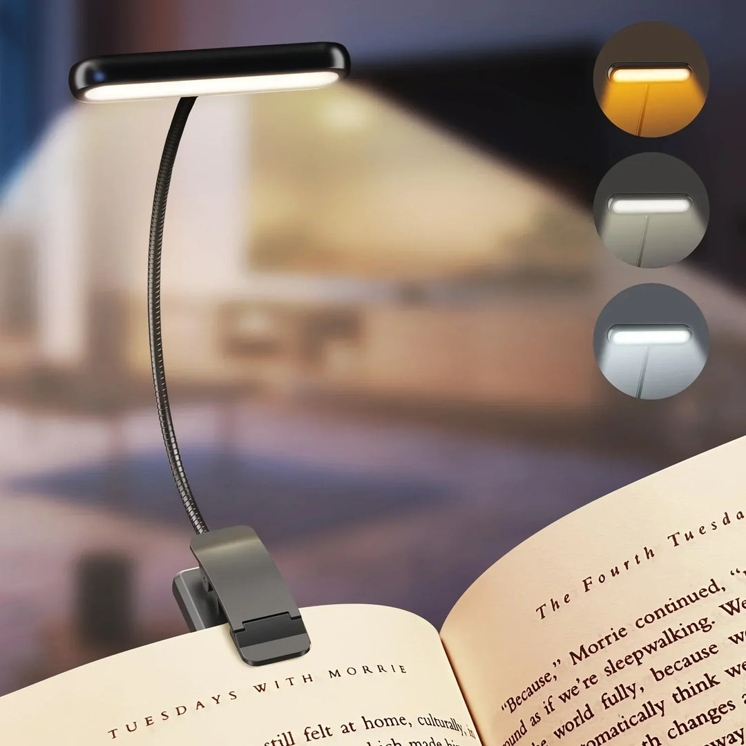 FlexiRead läslampa | USB-uppladdningsbar | 3 ljusfärger och dimbar | clips och flexibel arm