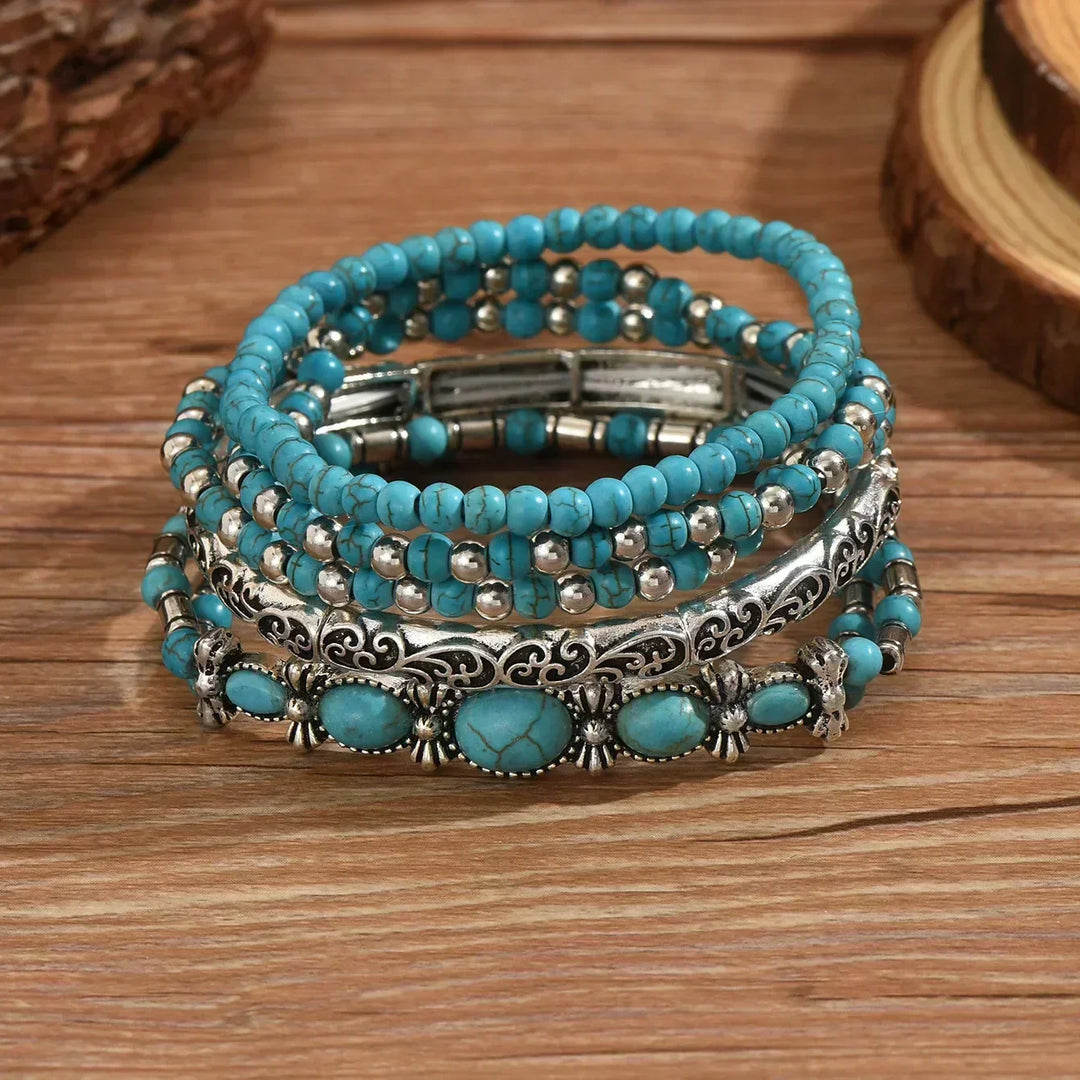 Boho-armbandsset – 5 delar, med turkosa pärlor