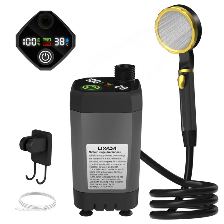 Bärbart campingdusch-kit – med digital display och justerbart vattenflöde för äventyrare
