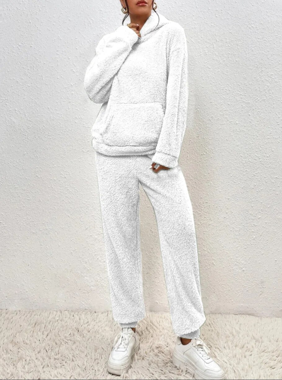 Teddyfleece mjukisset dam med huva – 2-delat loungewearset för vinter och höst