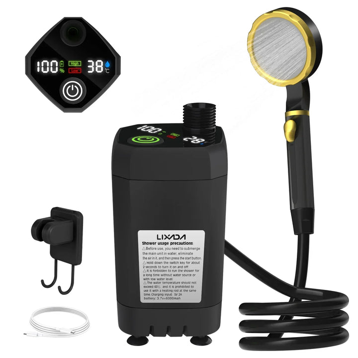 Bärbart campingdusch-kit – med digital display och justerbart vattenflöde för äventyrare