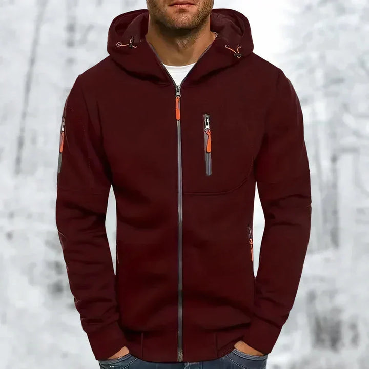 Huvtröja med dragkedja och huva för herr – jacquard i polyester, ledig passform