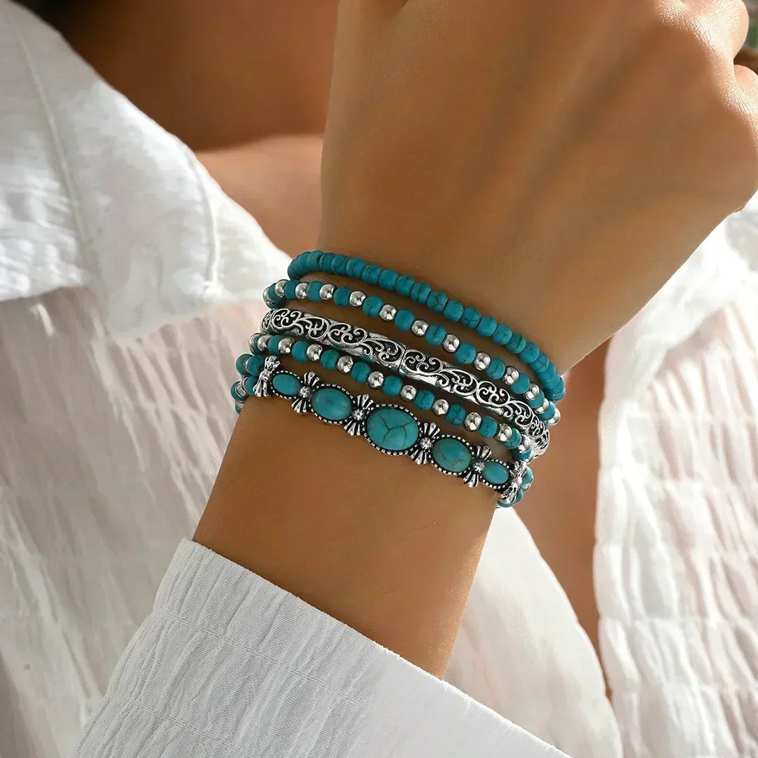 Boho-armbandsset – 5 delar, med turkosa pärlor