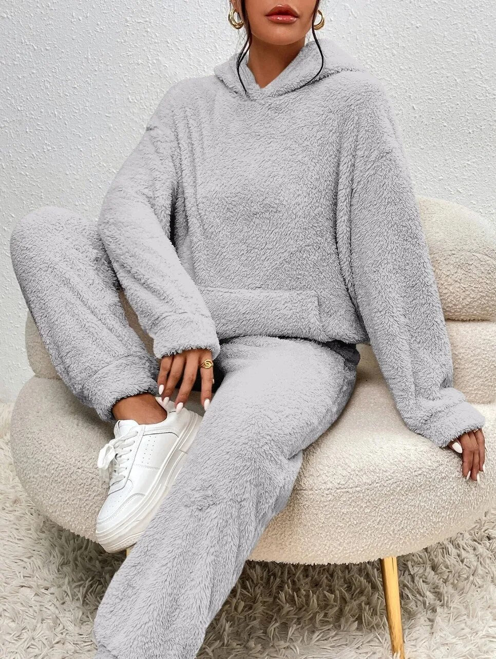 Teddyfleece mjukisset dam med huva – 2-delat loungewearset för vinter och höst