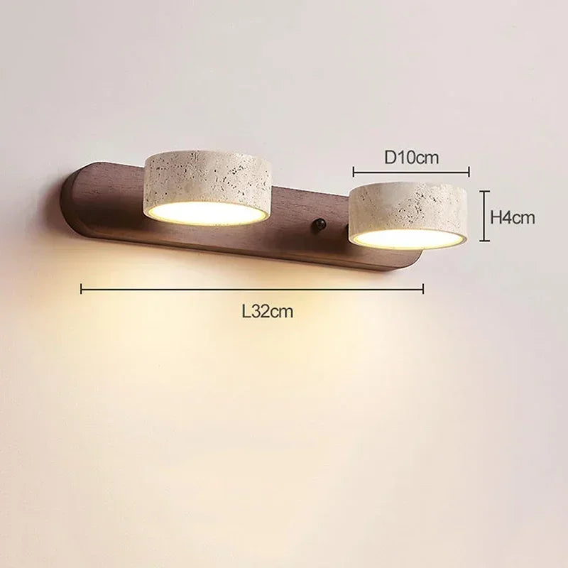 Modern LED-vägglampa med roterbara skärmar i sten och träbas