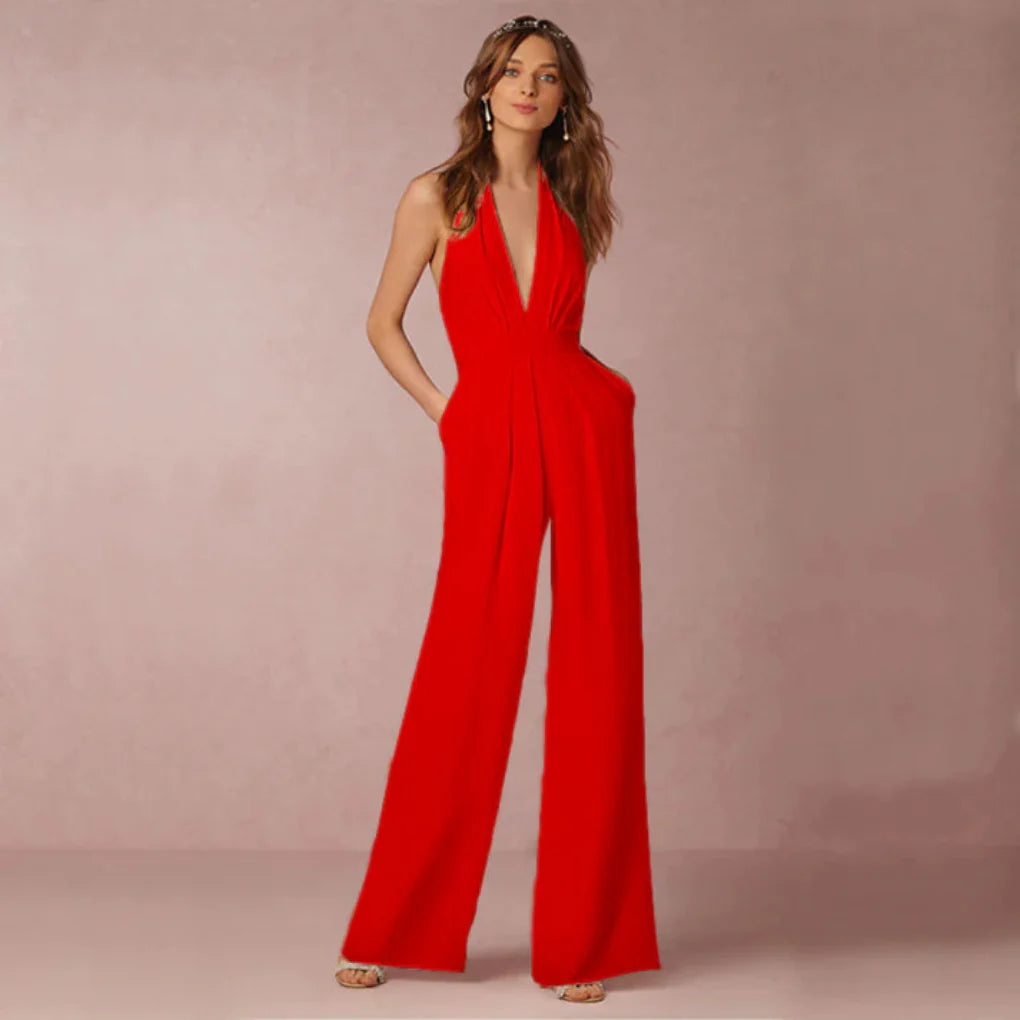 Djup V-ringad rygglös jumpsuit
