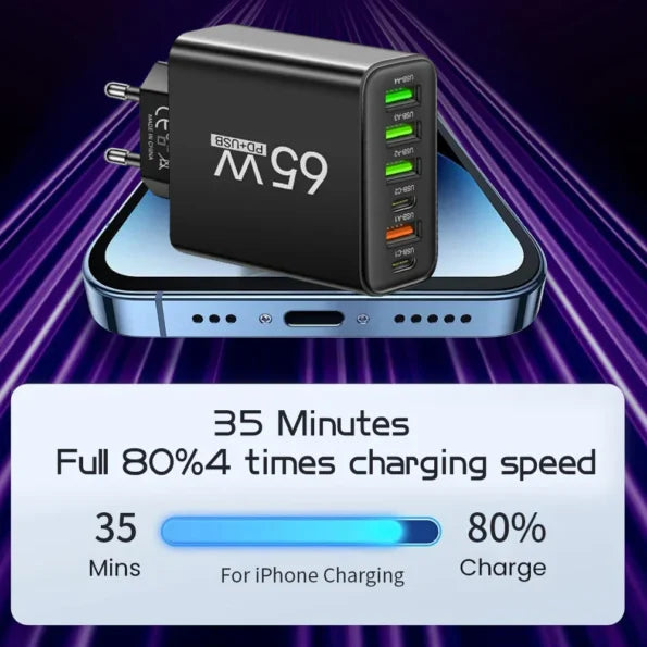 PowerMax 65W 6-i-1 snabbladdare – Laddar upp till 6 enheter samtidigt – Idealisk för hem, kontor och resor