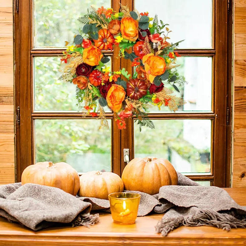 Autumna Charm höstkrans | Pumpa och rotting | 40 cm | Handgjord dekoration för höst och Thanksgiving