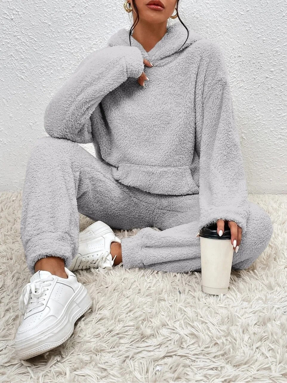 Teddyfleece mjukisset dam med huva – 2-delat loungewearset för vinter och höst