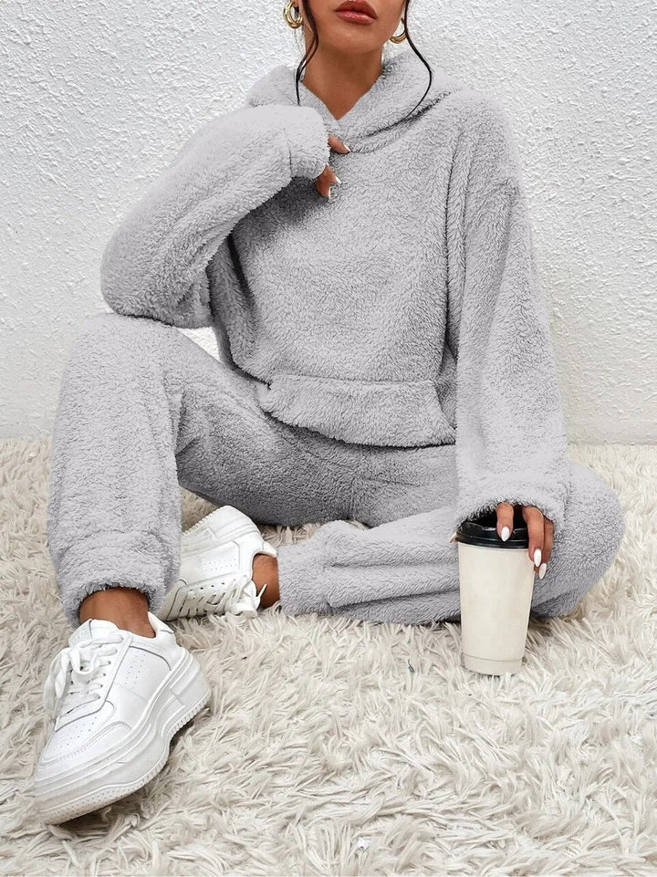 Teddyfleece mjukisset dam med huva – 2-delat loungewearset för vinter och höst