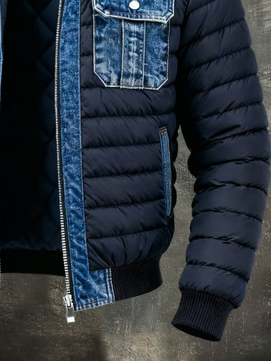 Vadderad jeansjacka för herr med stående krage och dragkedja framtill, blå