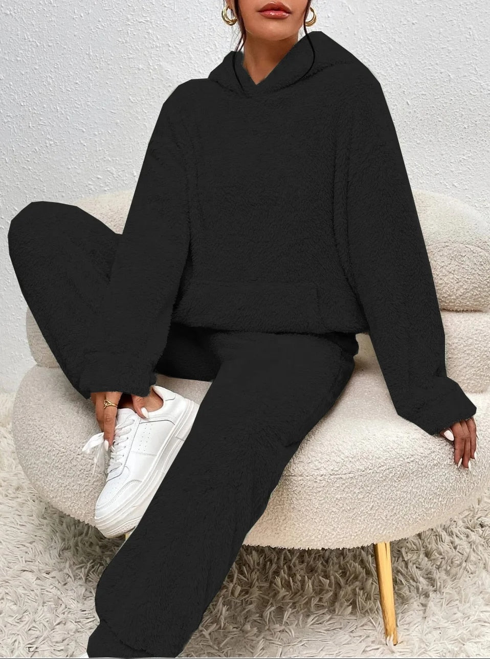 Teddyfleece mjukisset dam med huva – 2-delat loungewearset för vinter och höst