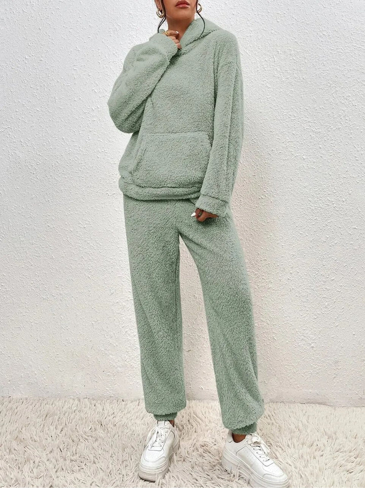 Teddyfleece mjukisset dam med huva – 2-delat loungewearset för vinter och höst