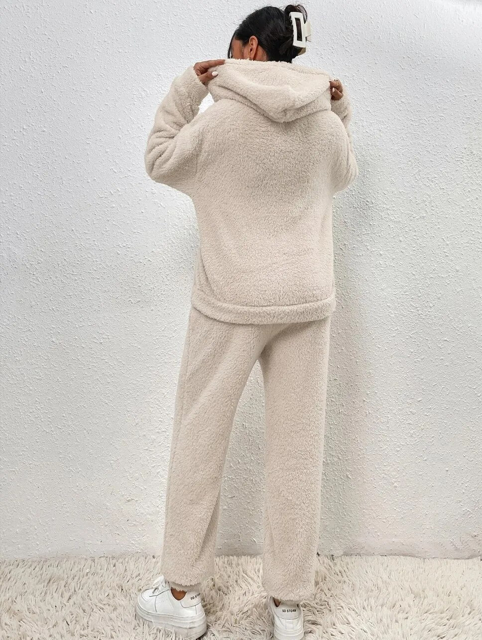 Teddyfleece mjukisset dam med huva – 2-delat loungewearset för vinter och höst