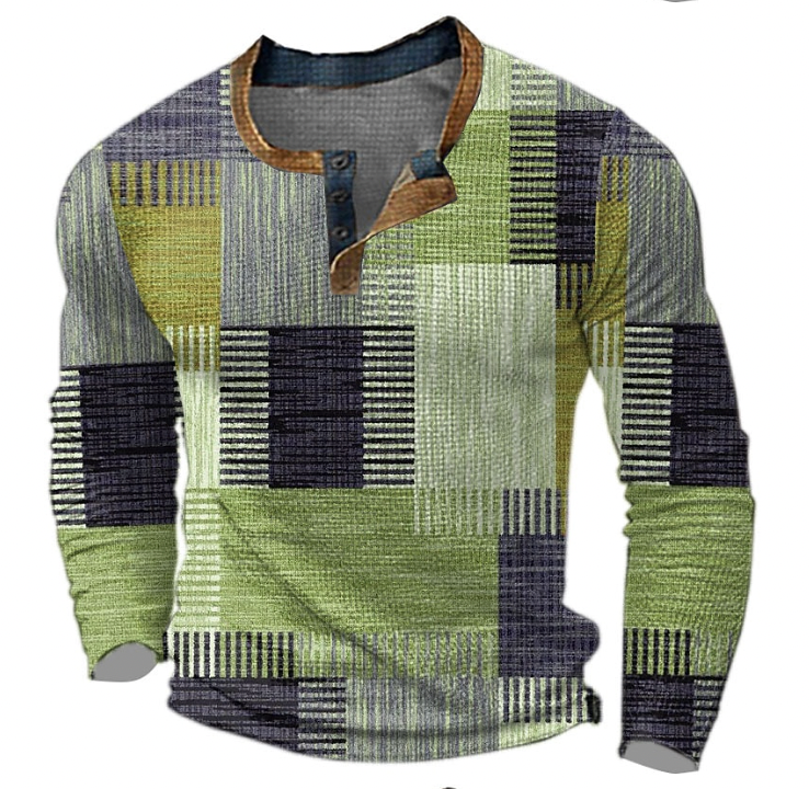 Henley-sweatshirt herr med knapplist och geometriskt mönster