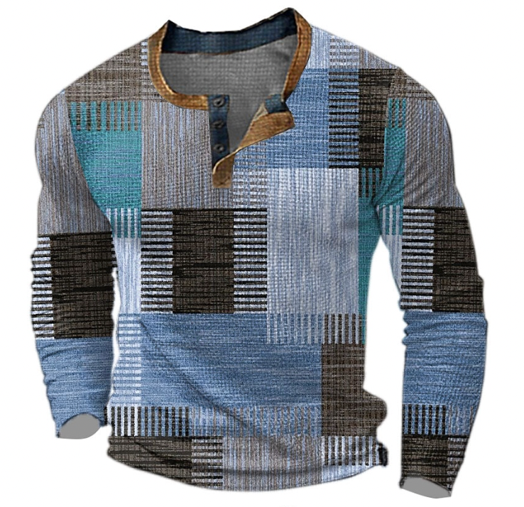 Henley-sweatshirt herr med knapplist och geometriskt mönster