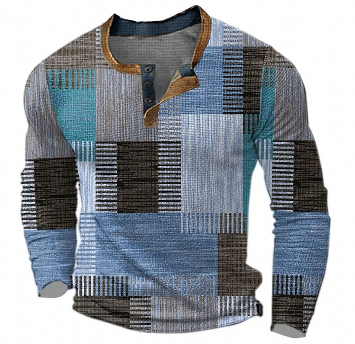 Henley-sweatshirt herr med knapplist och geometriskt mönster