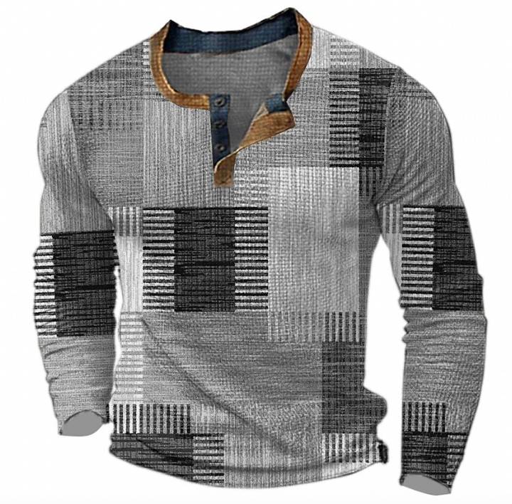 Henley-sweatshirt herr med knapplist och geometriskt mönster