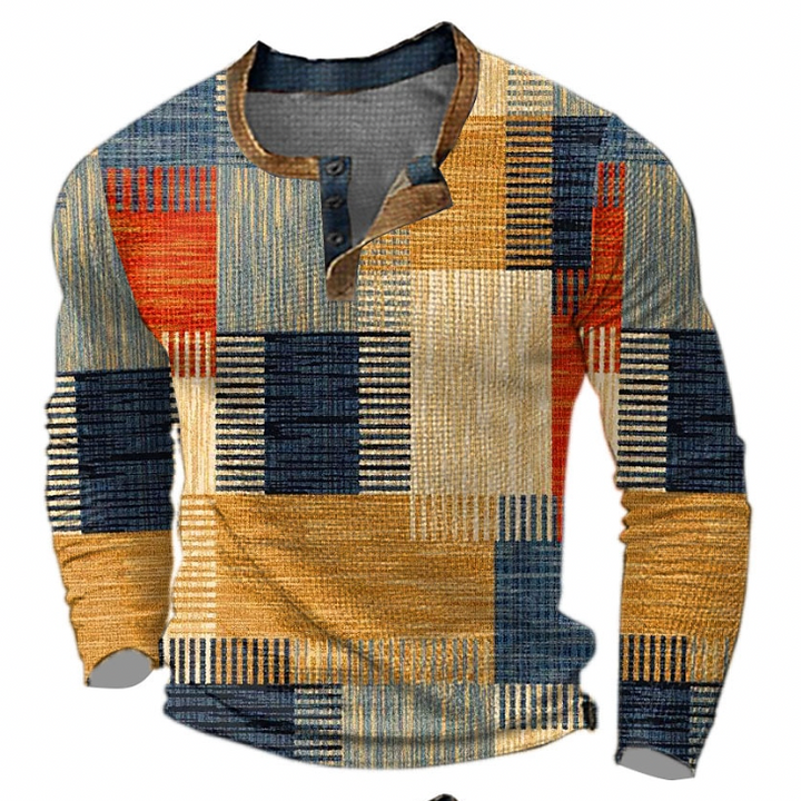 Henley-sweatshirt herr med knapplist och geometriskt mönster