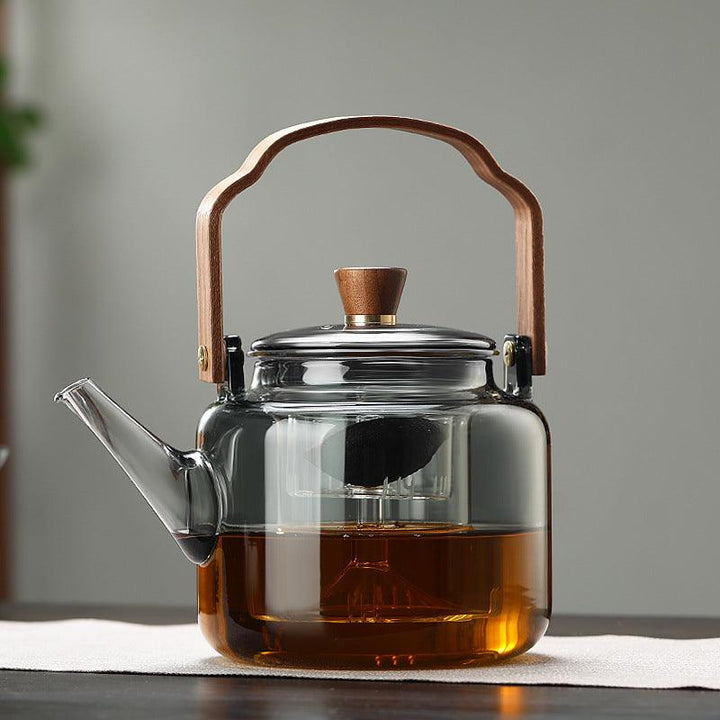 Glaskanna med lock och filter i trä – 1,2 liter, rökfärgat glas och trä för en elegant teupplevelse
