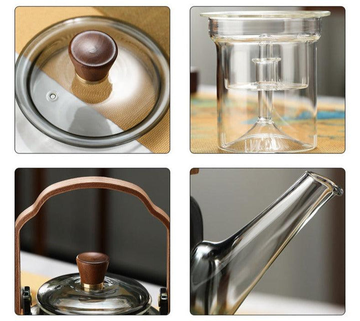 Glaskanna med lock och filter i trä – 1,2 liter, rökfärgat glas och trä för en elegant teupplevelse