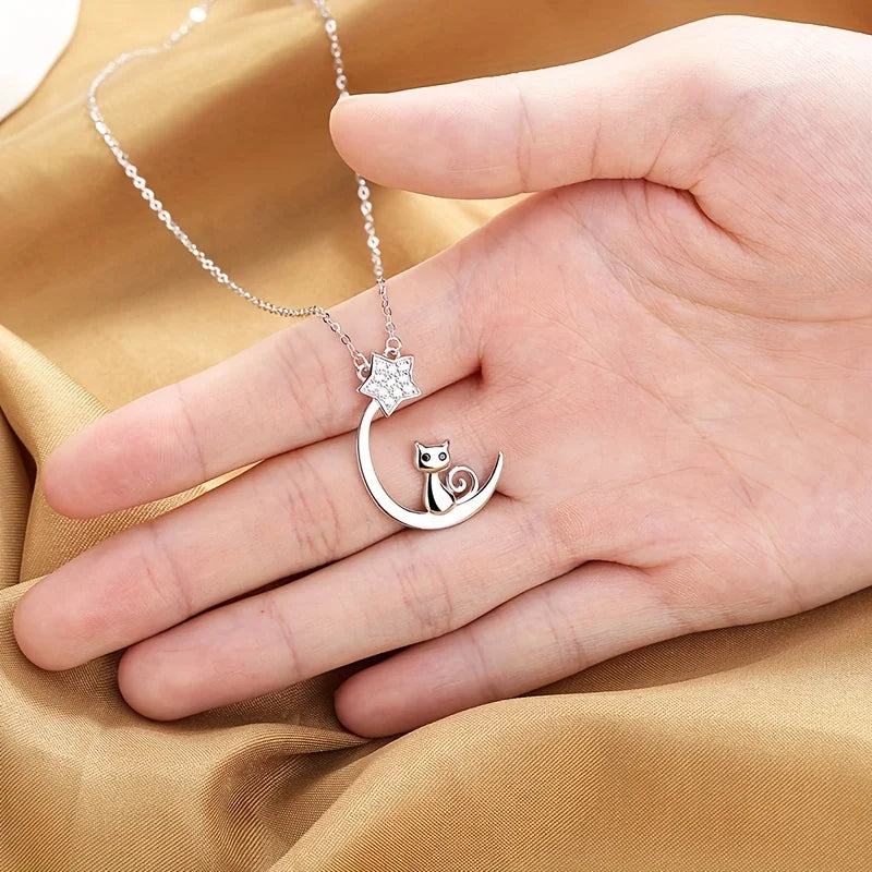 Katt Måne Stjärna Hänge i sterlingsilver