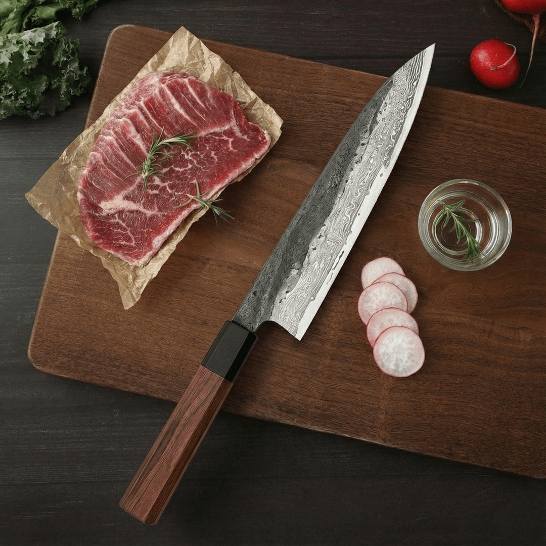 Kiritsuke-kniv, blad i rostfritt stål, handtag i järnträ, 8,5 tum