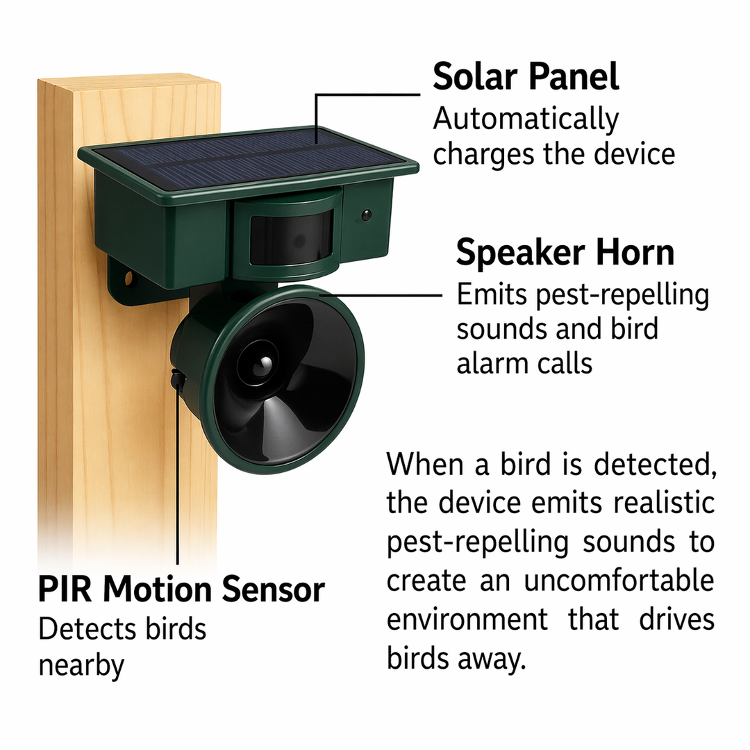 Fågelskyddsenhet | Solcellsdriven sensor | Naturliga rovfågelrop | Birdfend