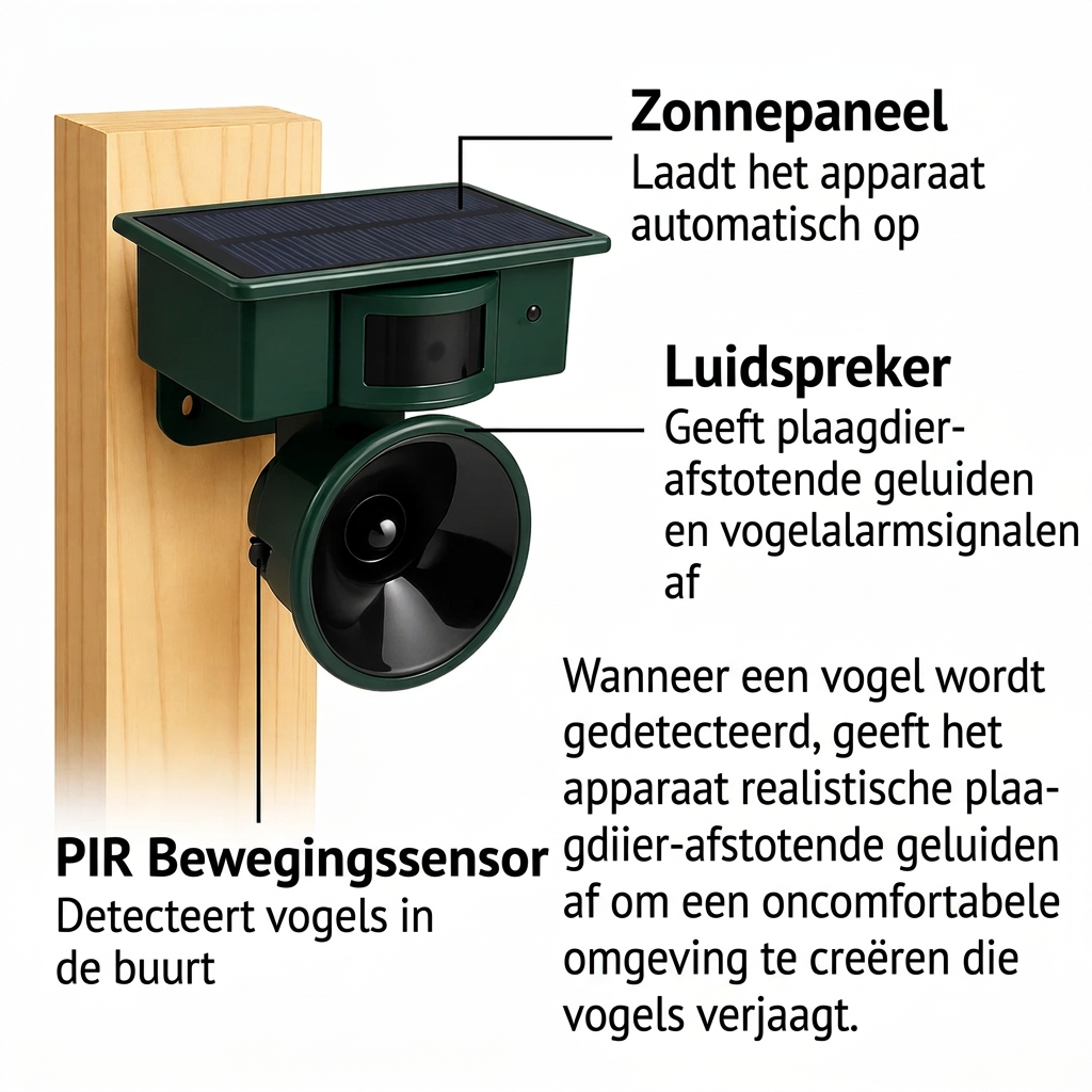 Fågelskrämma | Rörelsesensor med solenergi | Djurvänliga hökljud