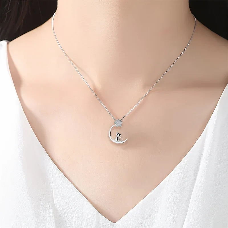 Katt Måne Stjärna Hänge i sterlingsilver