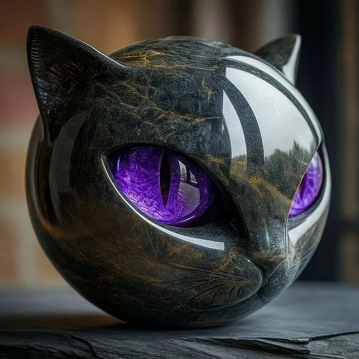 NoirCat-skulptur – svart katthuvud med hypnotiska ögon
