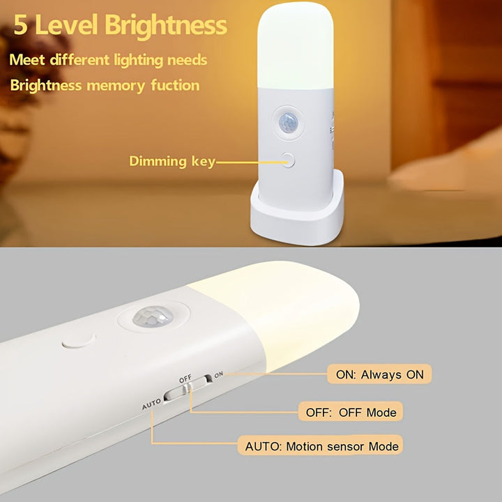 LED-nattlampa med rörelsesensor – USB-laddningsbar och justerbar ljusstyrka för sovrum och hallar