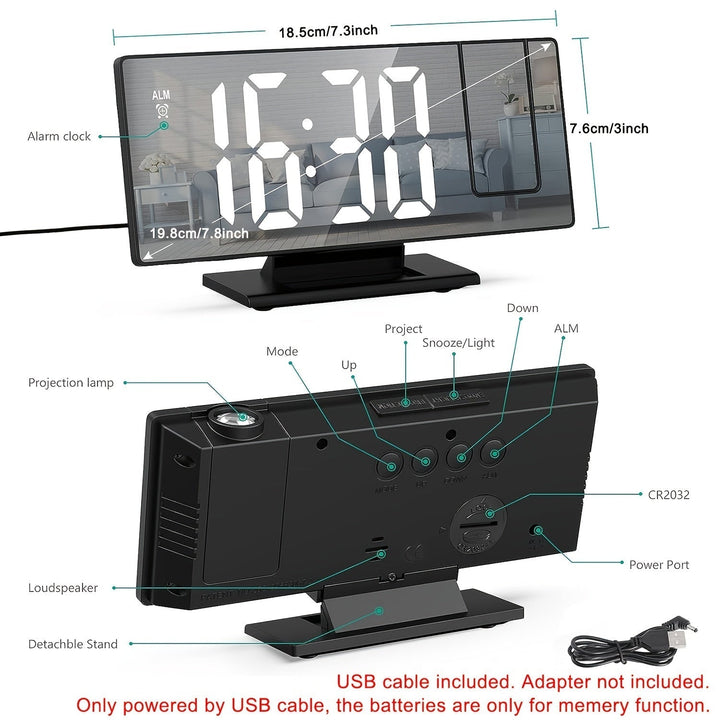 Projektorklocka med LED-projektion och justerbar 180°-projektion – Tydlig display och snoozefunktion för sovrum eller kontor
