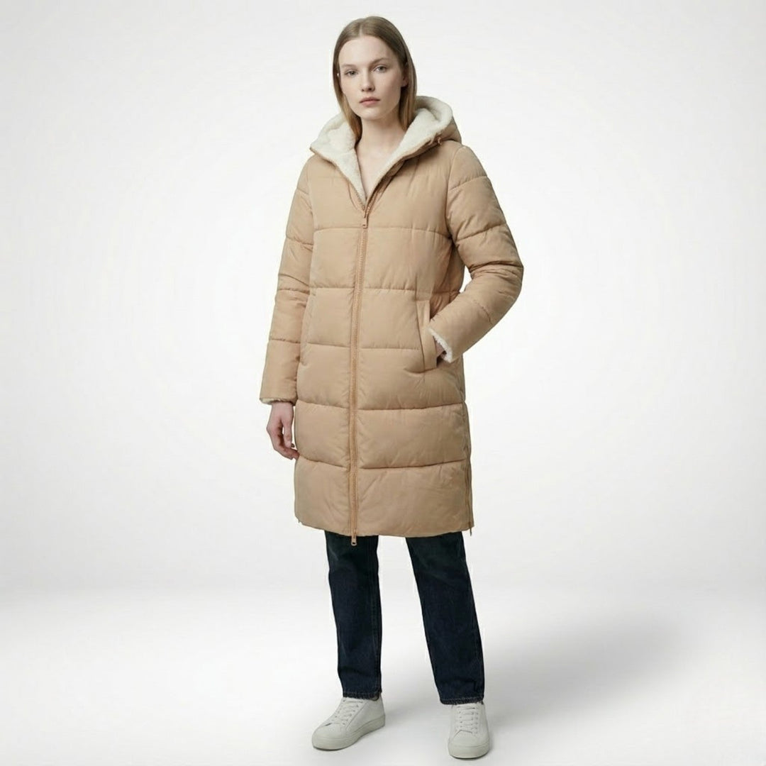 Vändbar vinterjacka för dam, kan bäras på båda sidor